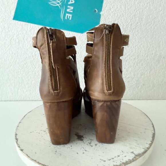 Lane Becca Leather Wedge Sandals Womens 8 Desert Clay Western Cutout Wooden Heel - Picture 2 of 12